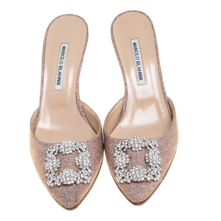 Pre Owned Manolo Blahnik Red Glitter Fabric Hangisi Mules Size 39.5