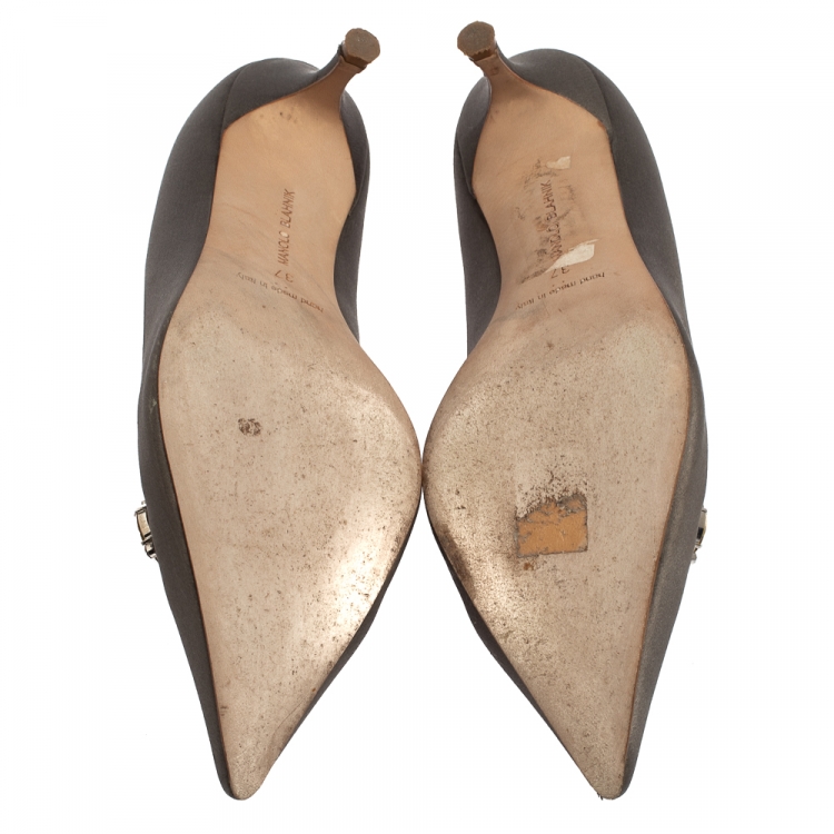 Pre Owned Manolo Blahnik Grey Satin Crystal Embellished Pumps Size 37