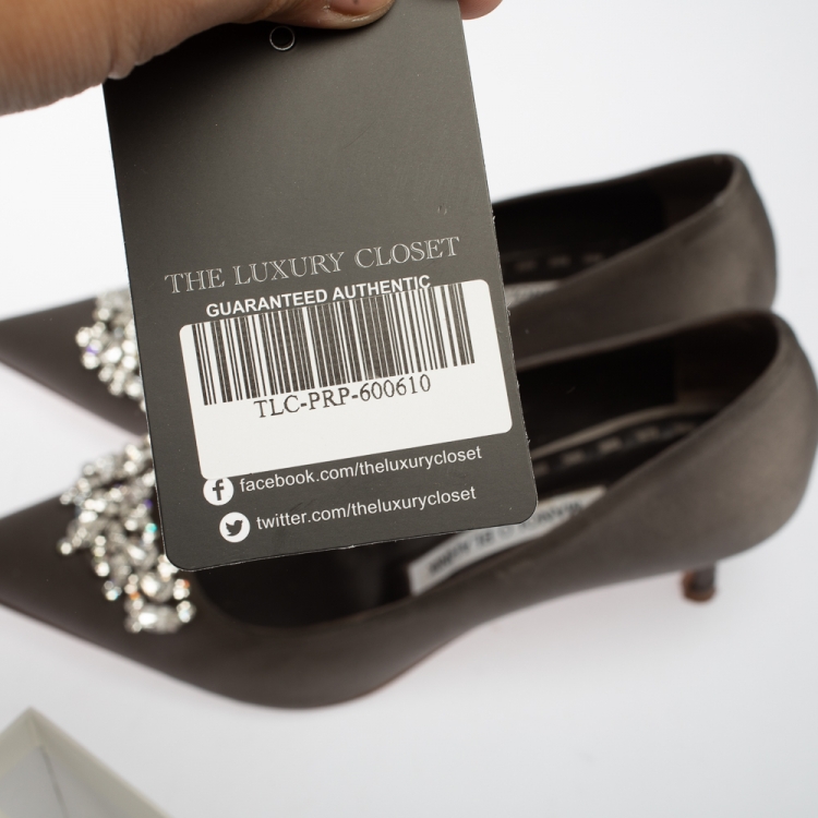 Pre Owned Manolo Blahnik Grey Satin Crystal Embellished Pumps Size 37