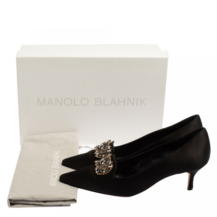Pre Owned Manolo Blahnik Black Satin Embellished Pumps Size 37