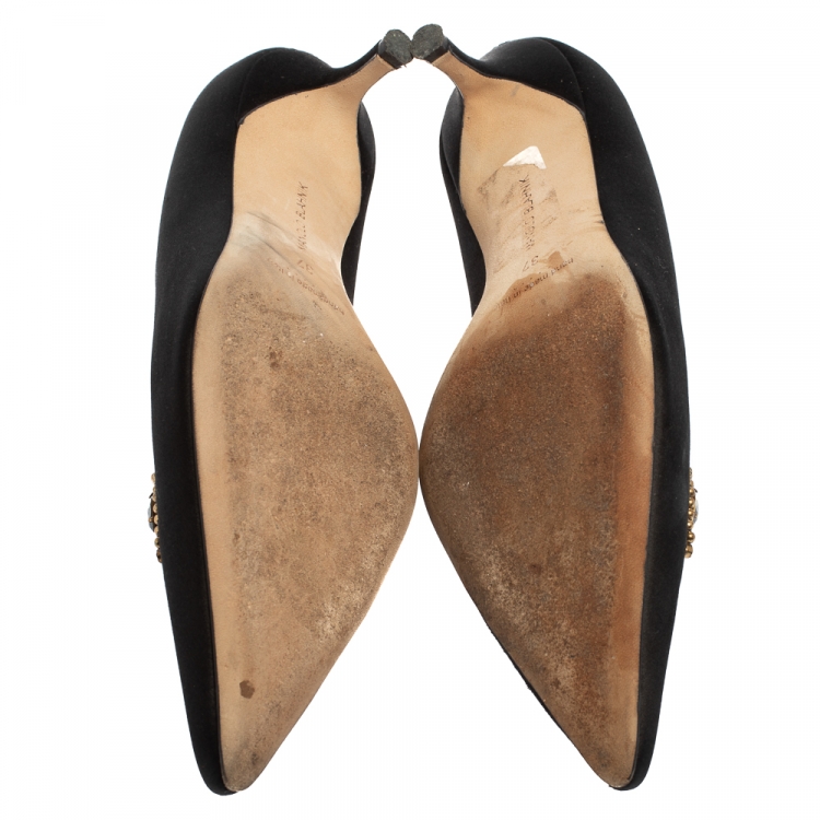 Pre Owned Manolo Blahnik Black Satin Embellished Pumps Size 37