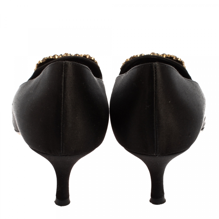 Pre Owned Manolo Blahnik Black Satin Embellished Pumps Size 37