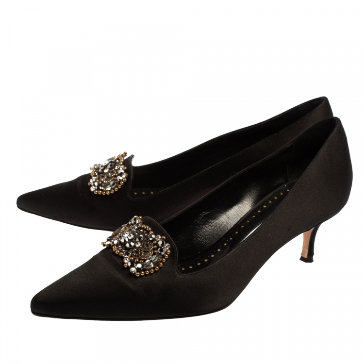 Pre Owned Manolo Blahnik Black Satin Embellished Pumps Size 37