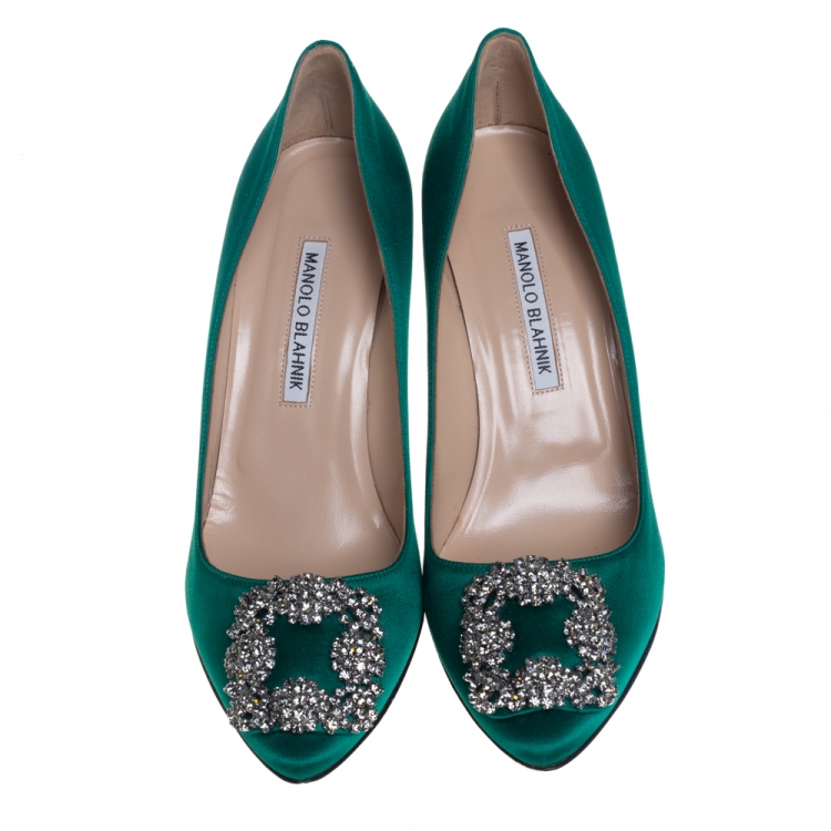 Pre Owned Manolo Blahnik Green Satin Hangisi Pumps Size 38