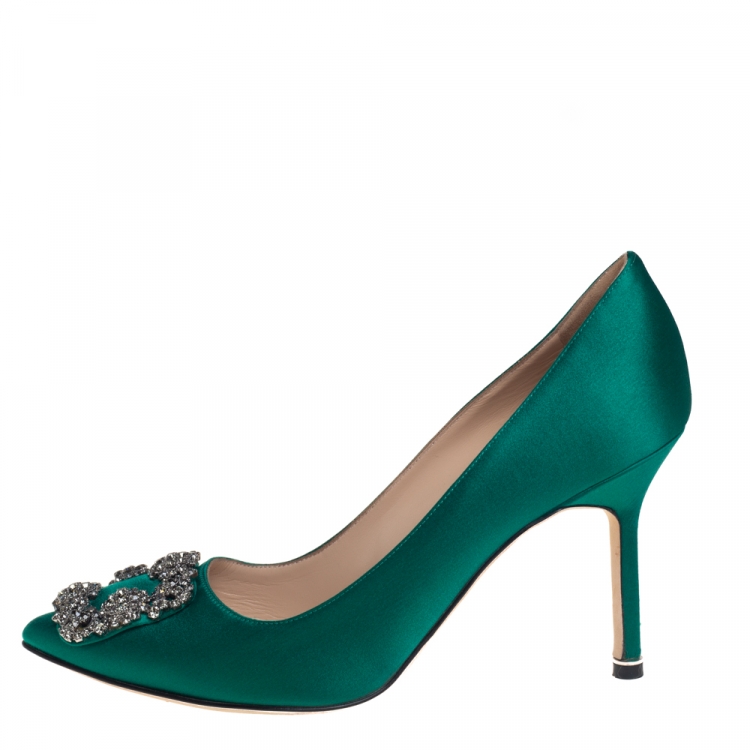 Pre Owned Manolo Blahnik Green Satin Hangisi Pumps Size 38