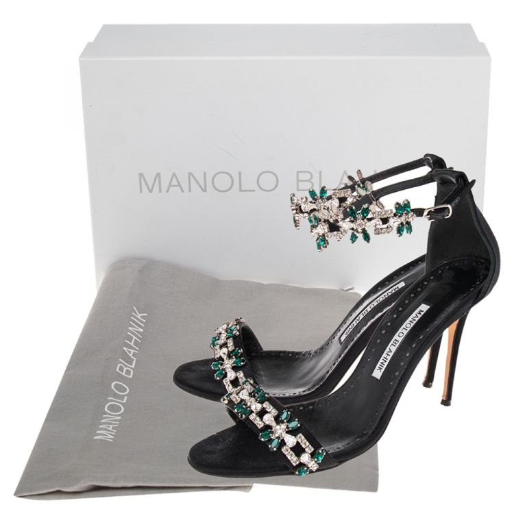 مملوكة مسبقًا Manolo Blahnik Black Satin Embellished Ankle Strap Sandals Size 38.5
