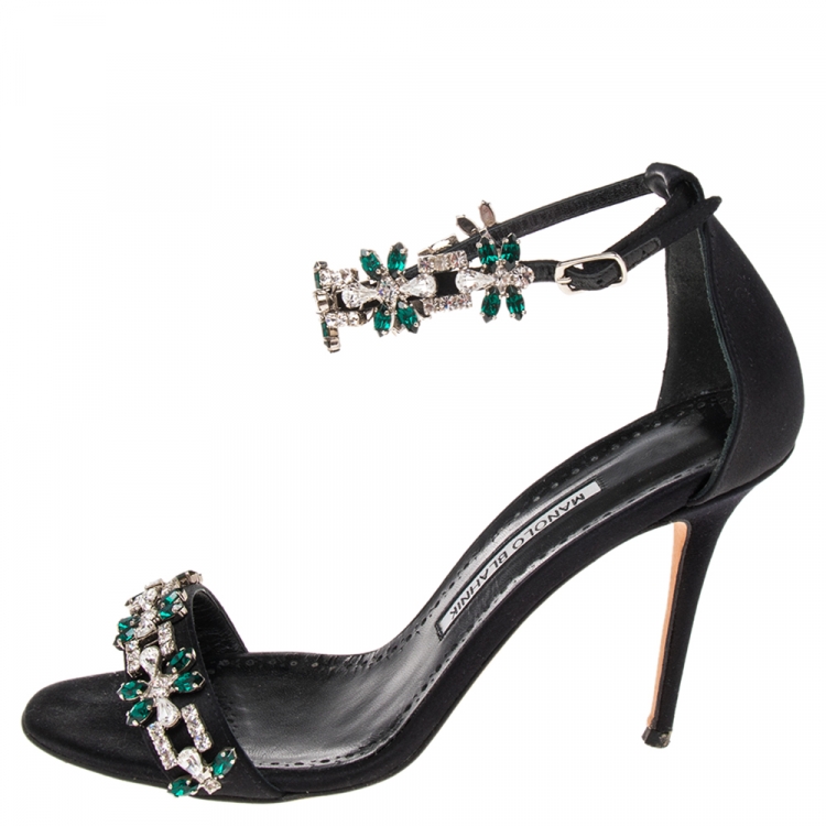 مملوكة مسبقًا Manolo Blahnik Black Satin Embellished Ankle Strap Sandals Size 38.5