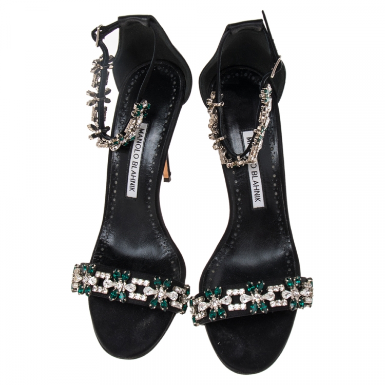 مملوكة مسبقًا Manolo Blahnik Black Satin Embellished Ankle Strap Sandals Size 38.5