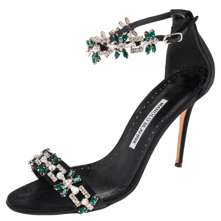 مملوكة مسبقًا Manolo Blahnik Black Satin Embellished Ankle Strap Sandals Size 38.5