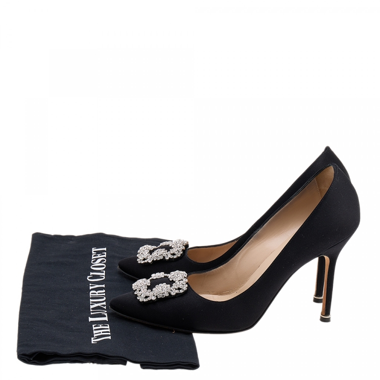 Pre Owned Manolo Blahnik Black Satin Hangisi Pointed Toe Pumps Size 39.5