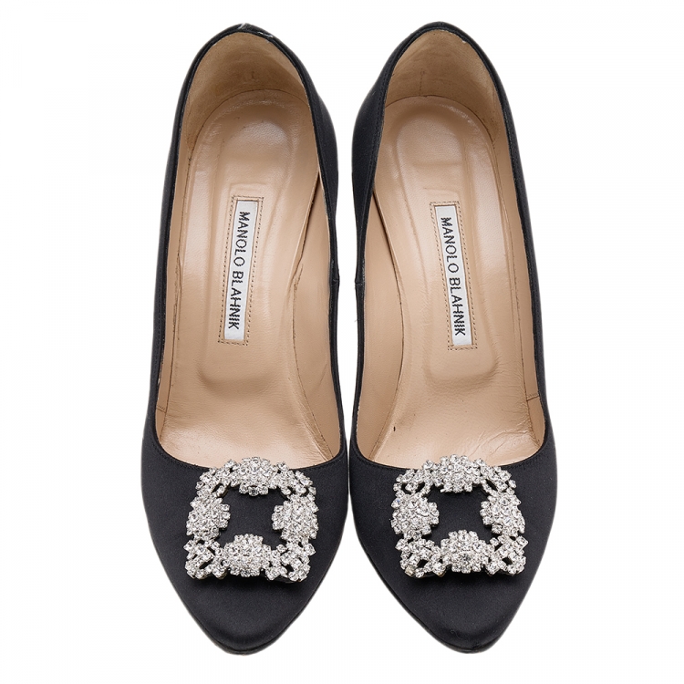 Pre Owned Manolo Blahnik Black Satin Hangisi Pointed Toe Pumps Size 39.5