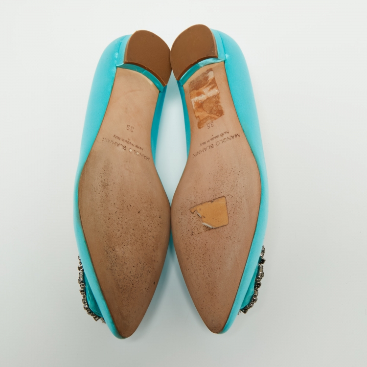Pre Owned Manolo Blahnik Blue Satin Hangisi Ballet Flats Size 35