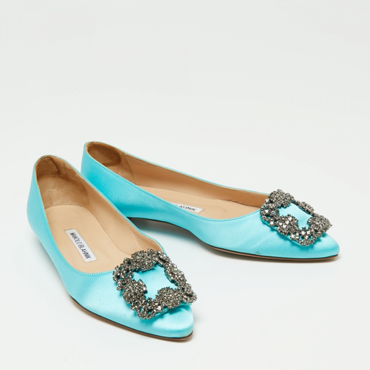 Pre Owned Manolo Blahnik Blue Satin Hangisi Ballet Flats Size 35