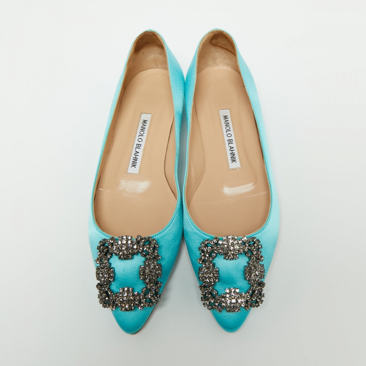 Pre Owned Manolo Blahnik Blue Satin Hangisi Ballet Flats Size 35