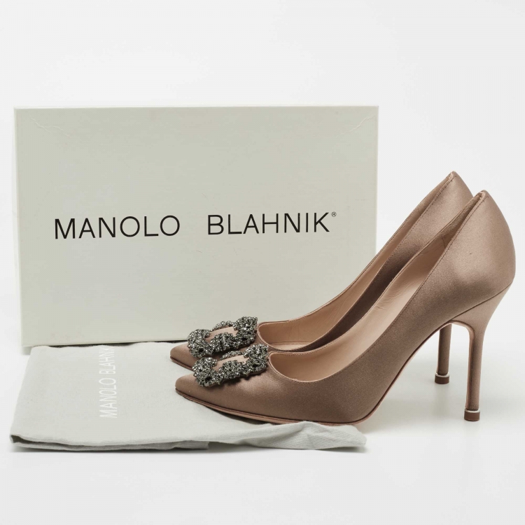 Pre Owned Manolo Blahnik Brown Satin Hangisi Pumps Size 37.5