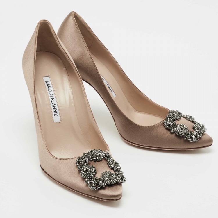 Pre Owned Manolo Blahnik Brown Satin Hangisi Pumps Size 37.5