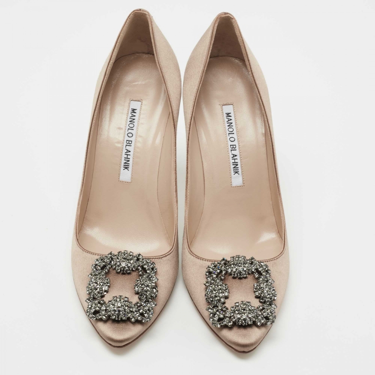 Pre Owned Manolo Blahnik Brown Satin Hangisi Pumps Size 37.5