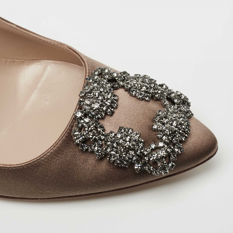 Pre Owned Manolo Blahnik Brown Satin Hangisi Pumps Size 37.5