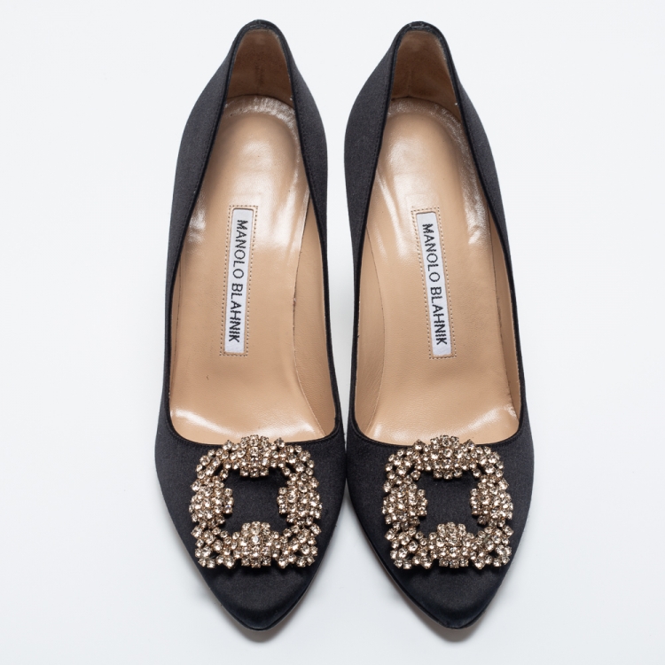 Pre Owned Manolo Blahnik Black Satin Hangisi Pumps Size 36.5