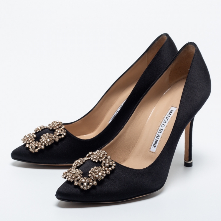 Pre Owned Manolo Blahnik Black Satin Hangisi Pumps Size 36.5