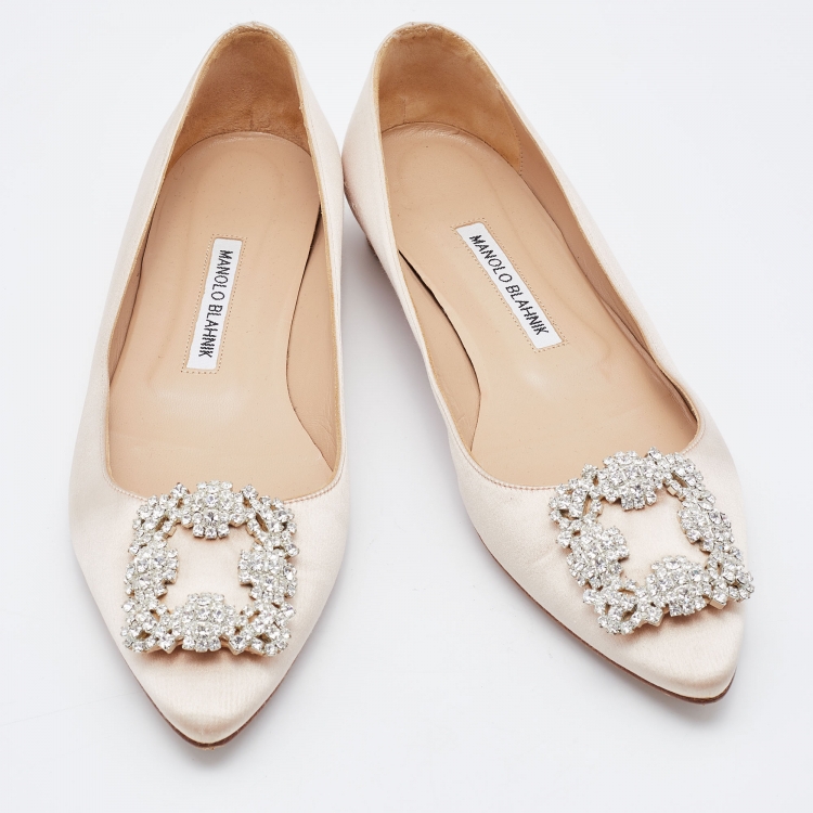 Pre Owned Manolo Blahnik Beige Satin Hangisi Crystal Embellished Ballet Flats Size 38.5