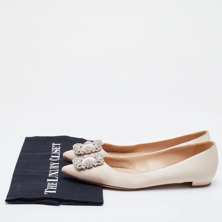 Pre Owned Manolo Blahnik Beige Satin Hangisi Crystal Embellished Ballet Flats Size 38.5