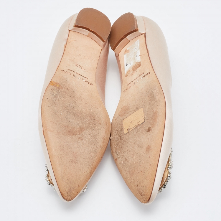 Pre Owned Manolo Blahnik Beige Satin Hangisi Crystal Embellished Ballet Flats Size 38.5