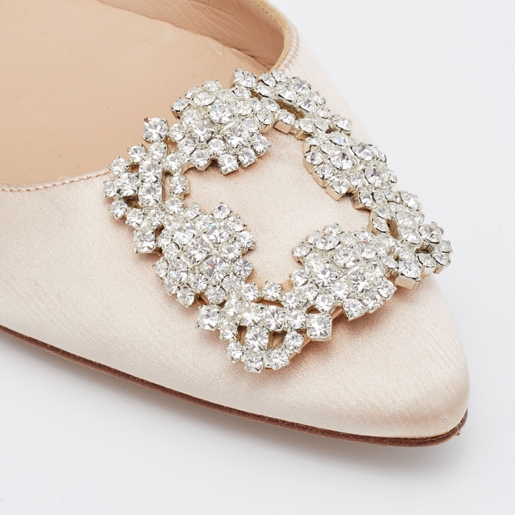 Pre Owned Manolo Blahnik Beige Satin Hangisi Crystal Embellished Ballet Flats Size 38.5