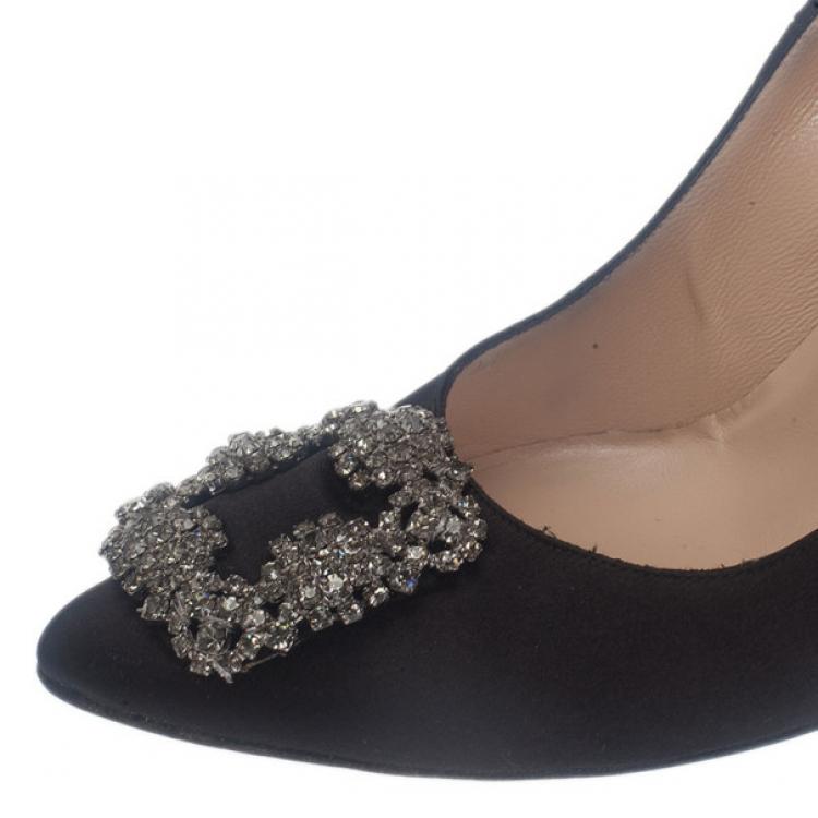 Pre Owned Manolo Blahnik Black Satin Hangisi Embellished Pumps Size 39.5