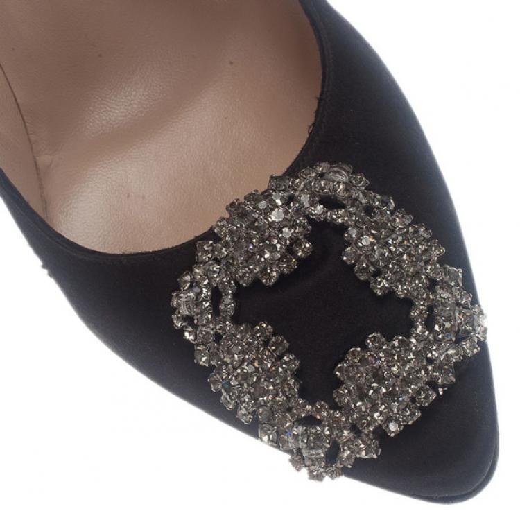 Pre Owned Manolo Blahnik Black Satin Hangisi Embellished Pumps Size 39.5
