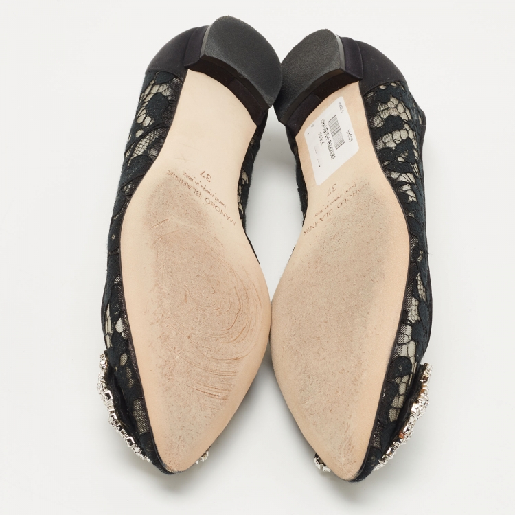 Pre Owned Manolo Blahnik Black Satin and Satin Hangisi Ballet Flats Size 37