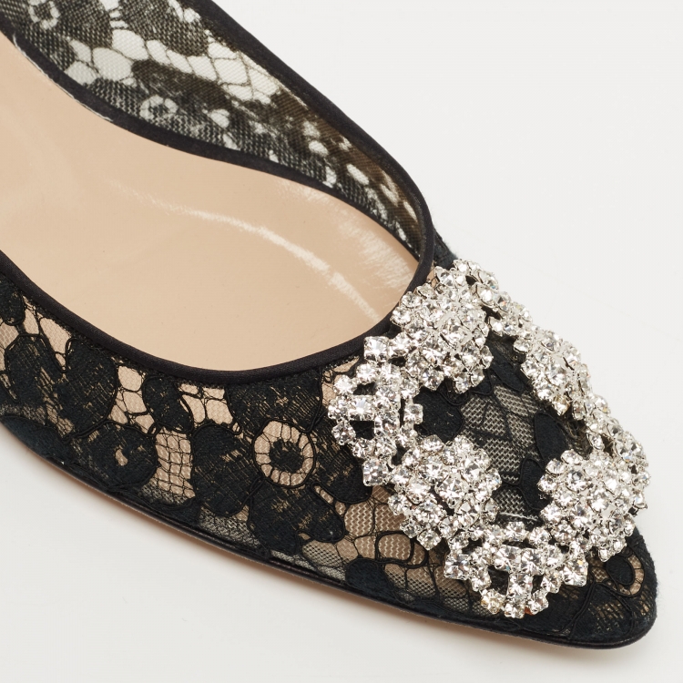 Pre Owned Manolo Blahnik Black Satin and Satin Hangisi Ballet Flats Size 37