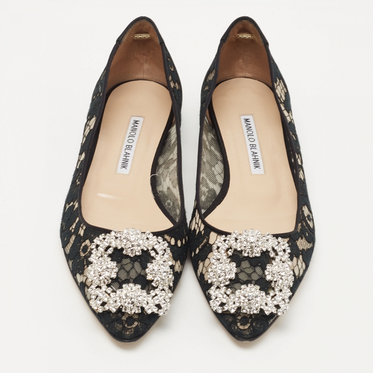 Pre Owned Manolo Blahnik Black Satin and Satin Hangisi Ballet Flats Size 37