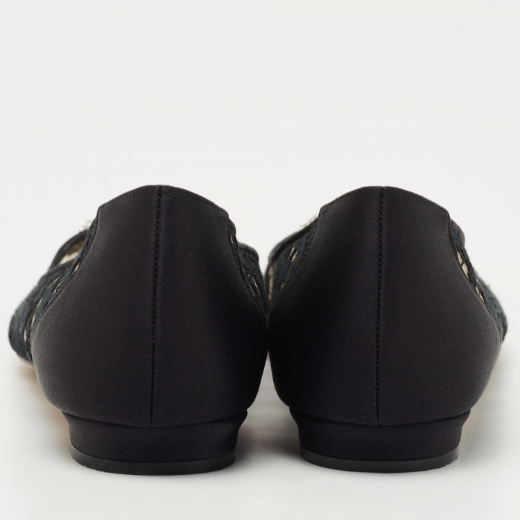 Pre Owned Manolo Blahnik Black Satin and Satin Hangisi Ballet Flats Size 37