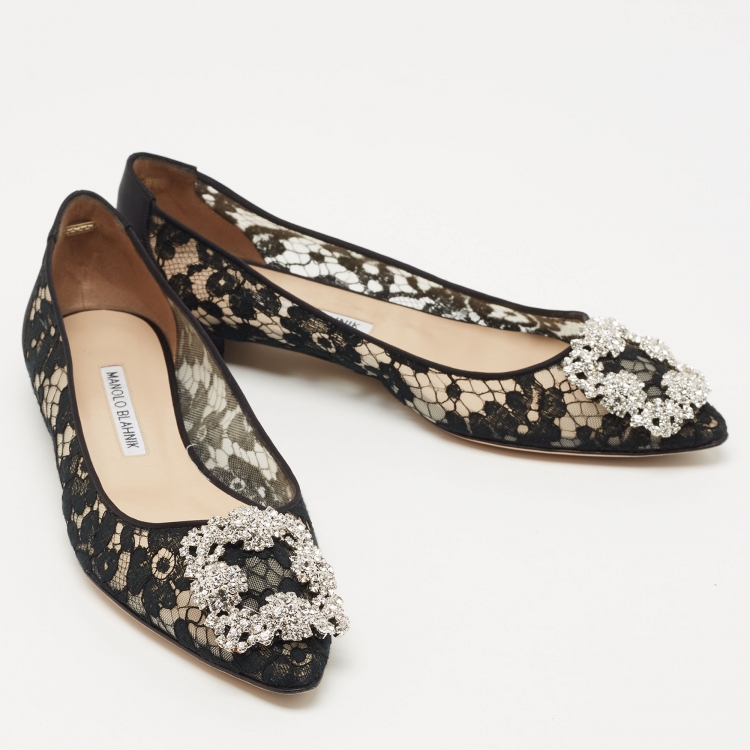 Pre Owned Manolo Blahnik Black Satin and Satin Hangisi Ballet Flats Size 37
