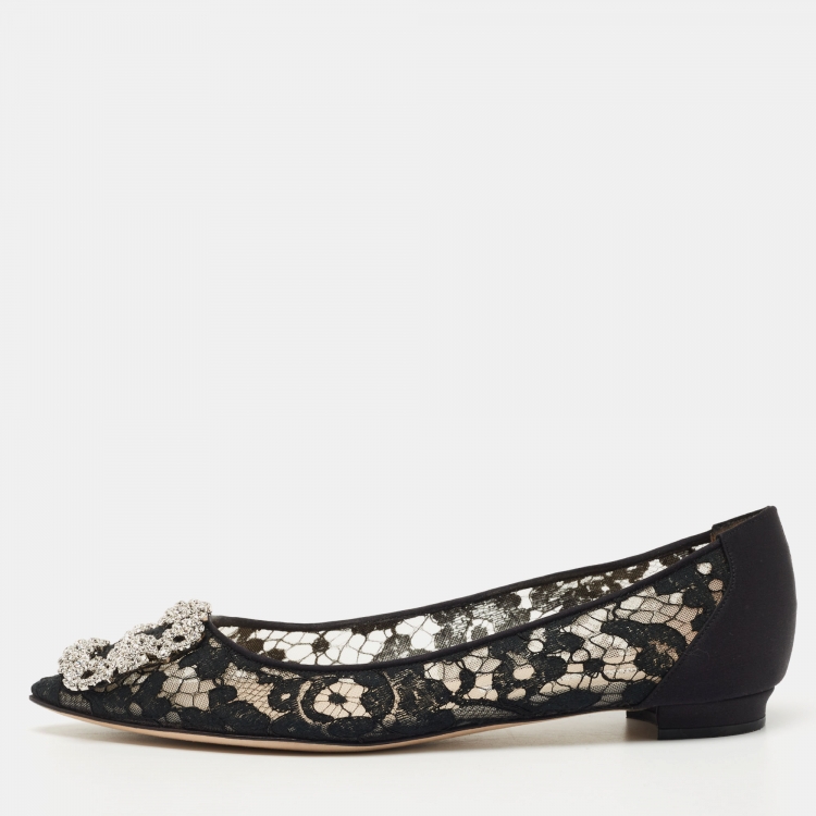 Pre Owned Manolo Blahnik Black Satin and Satin Hangisi Ballet Flats Size 37