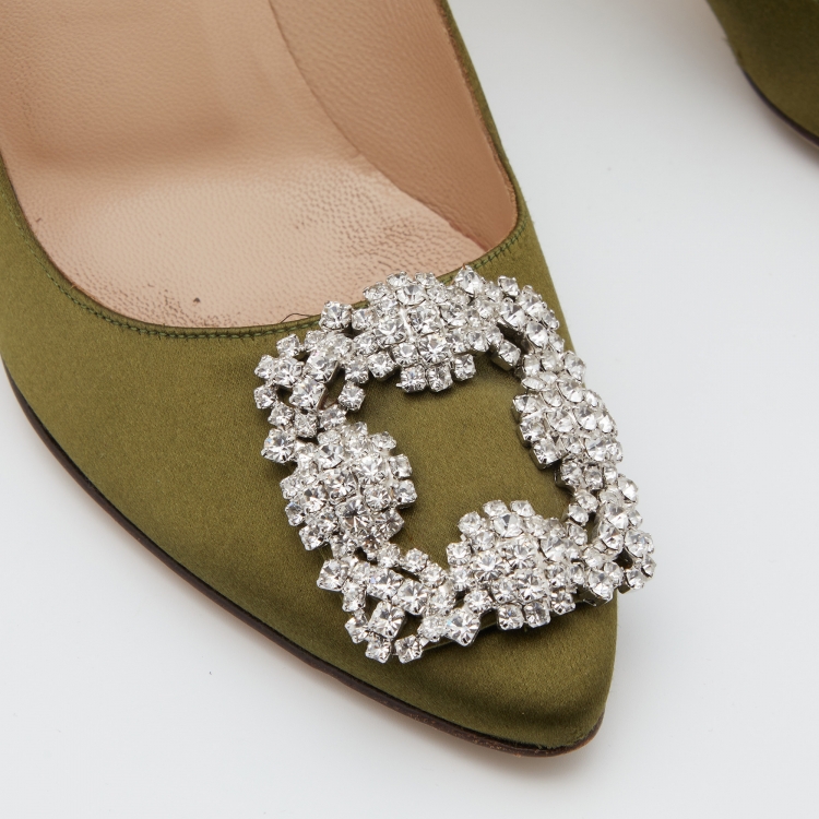 Pre Owned Manolo Blahnik Green Satin Hangisi Crystal Embellished Pumps Size 37.5