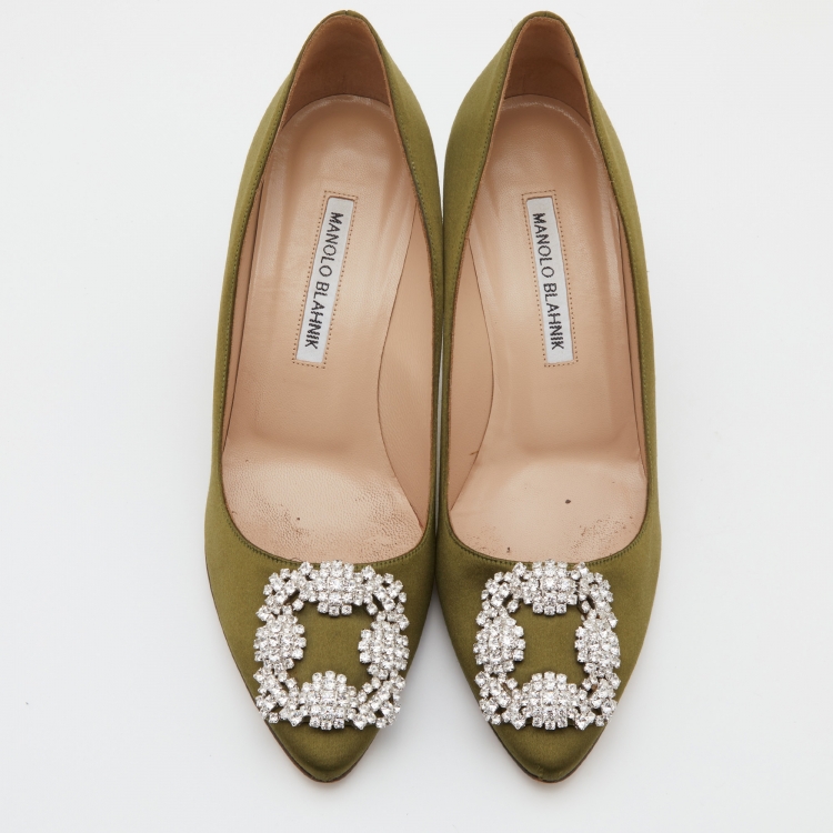 Pre Owned Manolo Blahnik Green Satin Hangisi Crystal Embellished Pumps Size 37.5