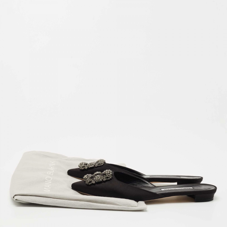 Pre Owned Manolo Blahnik Black Satin Hangisi Mules Size 38.5