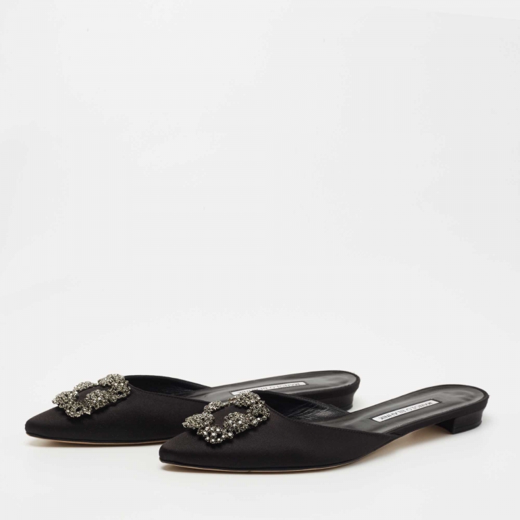 Pre Owned Manolo Blahnik Black Satin Hangisi Mules Size 38.5