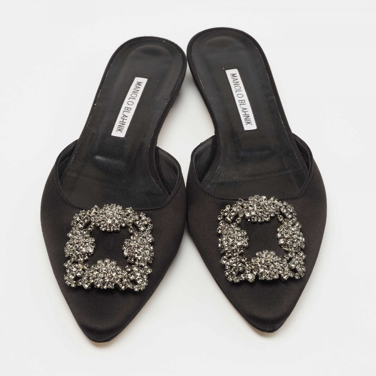 Pre Owned Manolo Blahnik Black Satin Hangisi Mules Size 38.5