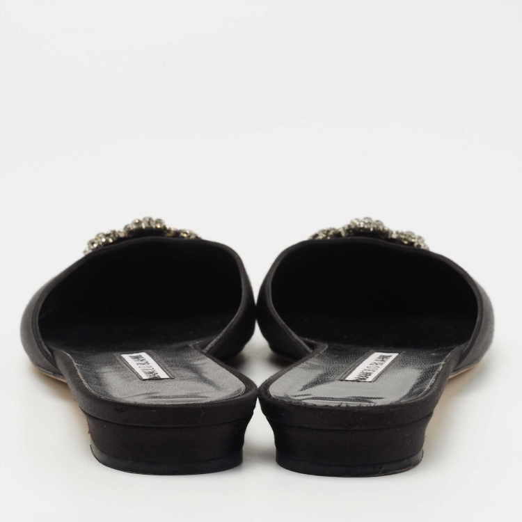 Pre Owned Manolo Blahnik Black Satin Hangisi Mules Size 38.5