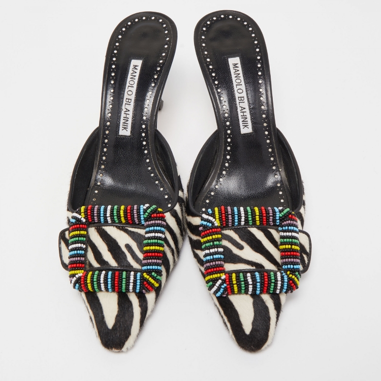 مملوكة مسبقًا Manolo Blahnik Black/White Zebra Print Calf Hair Beaded Mafrisa Mules Size 37.5