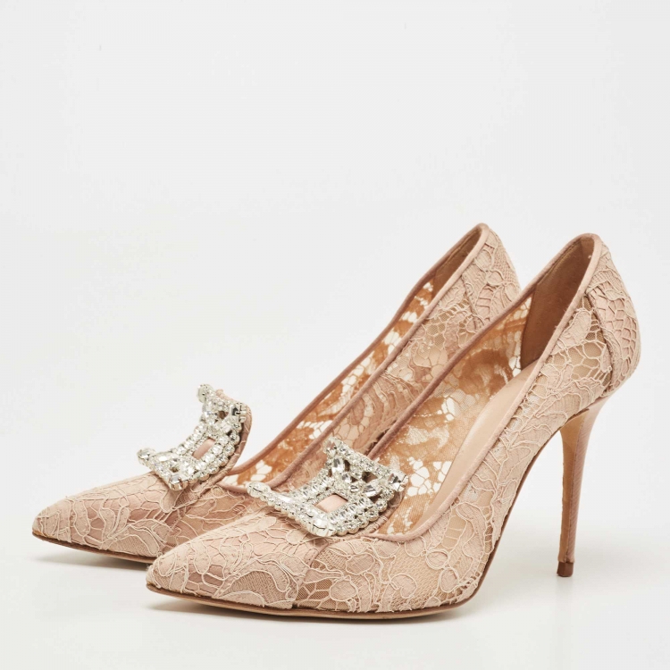 Pre Owned Manolo Blahnik Dusty Pink Satin and Lace Borlak Crystal Embellished Pumps Size 38.5