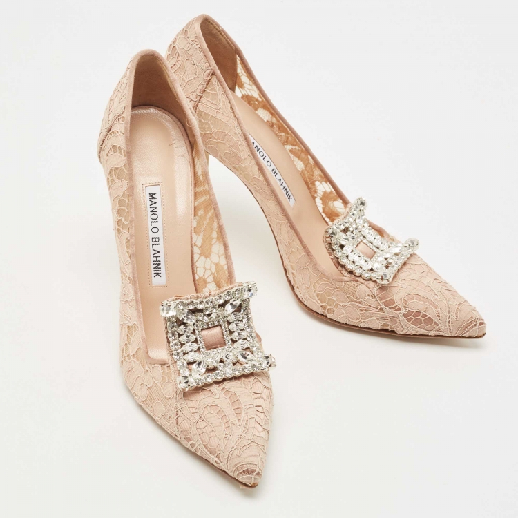 Pre Owned Manolo Blahnik Dusty Pink Satin and Lace Borlak Crystal Embellished Pumps Size 38.5