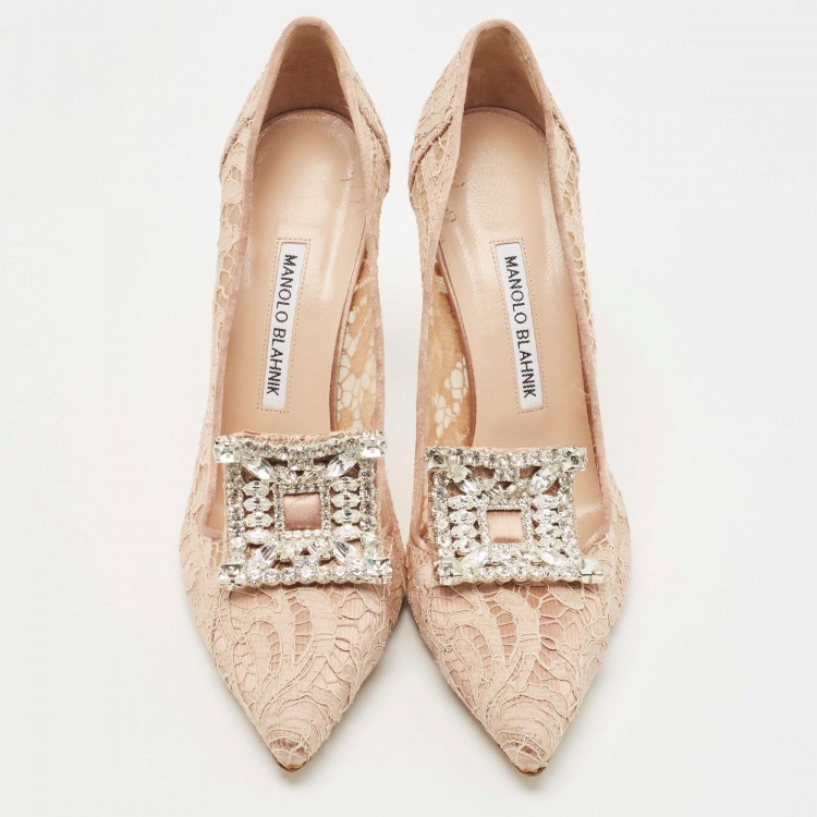 Pre Owned Manolo Blahnik Dusty Pink Satin and Lace Borlak Crystal Embellished Pumps Size 38.5