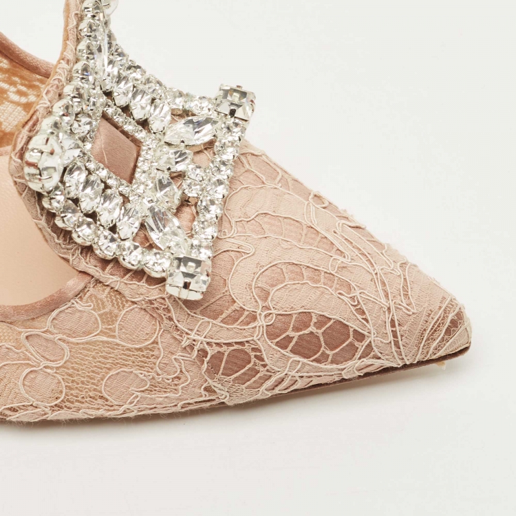Pre Owned Manolo Blahnik Dusty Pink Satin and Lace Borlak Crystal Embellished Pumps Size 38.5