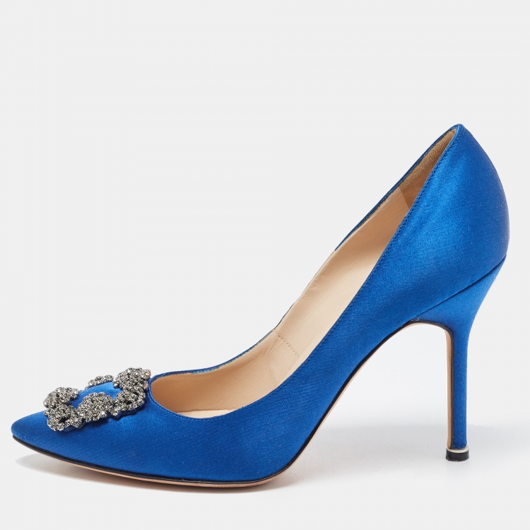 Manolo Blahnik Blue Satin Hangisi Crystal Embellished Pointed Toe Pumps ...