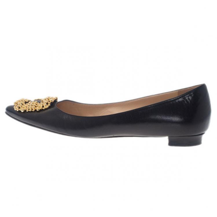 Pre Owned Manolo Blahnik Black Leather Hangisi Ballet Flats 39.5