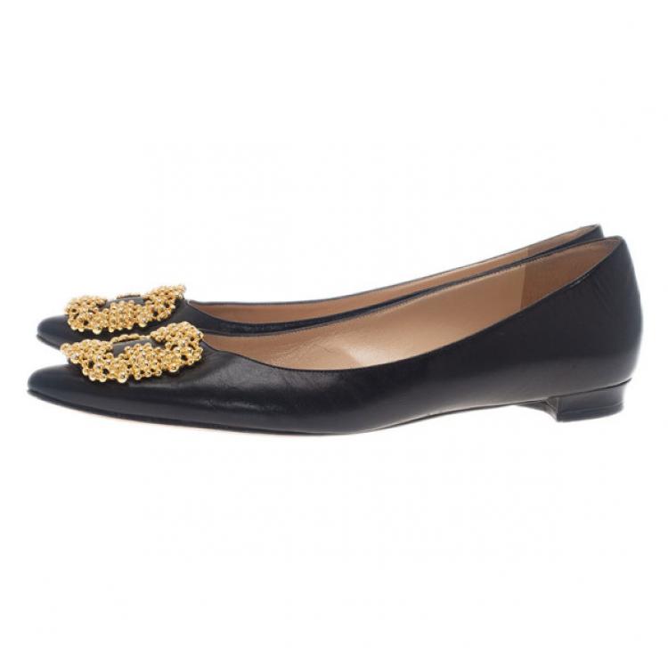 Pre Owned Manolo Blahnik Black Leather Hangisi Ballet Flats 39.5